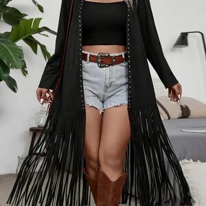 Western Black Fringe Open Long Jacket